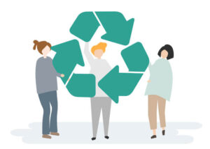 Ilustração de três pessoas perto de um grande símbolo de reciclagem.
