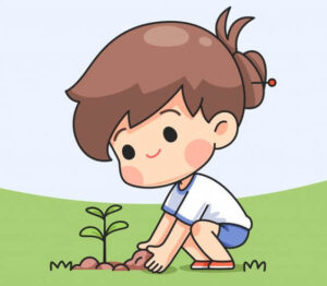 Ilustração colorida de menina plantando uma árvore.