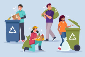 Ilustração colorida de pessoas destinando sacolas de lixo para lixeiras específicas.